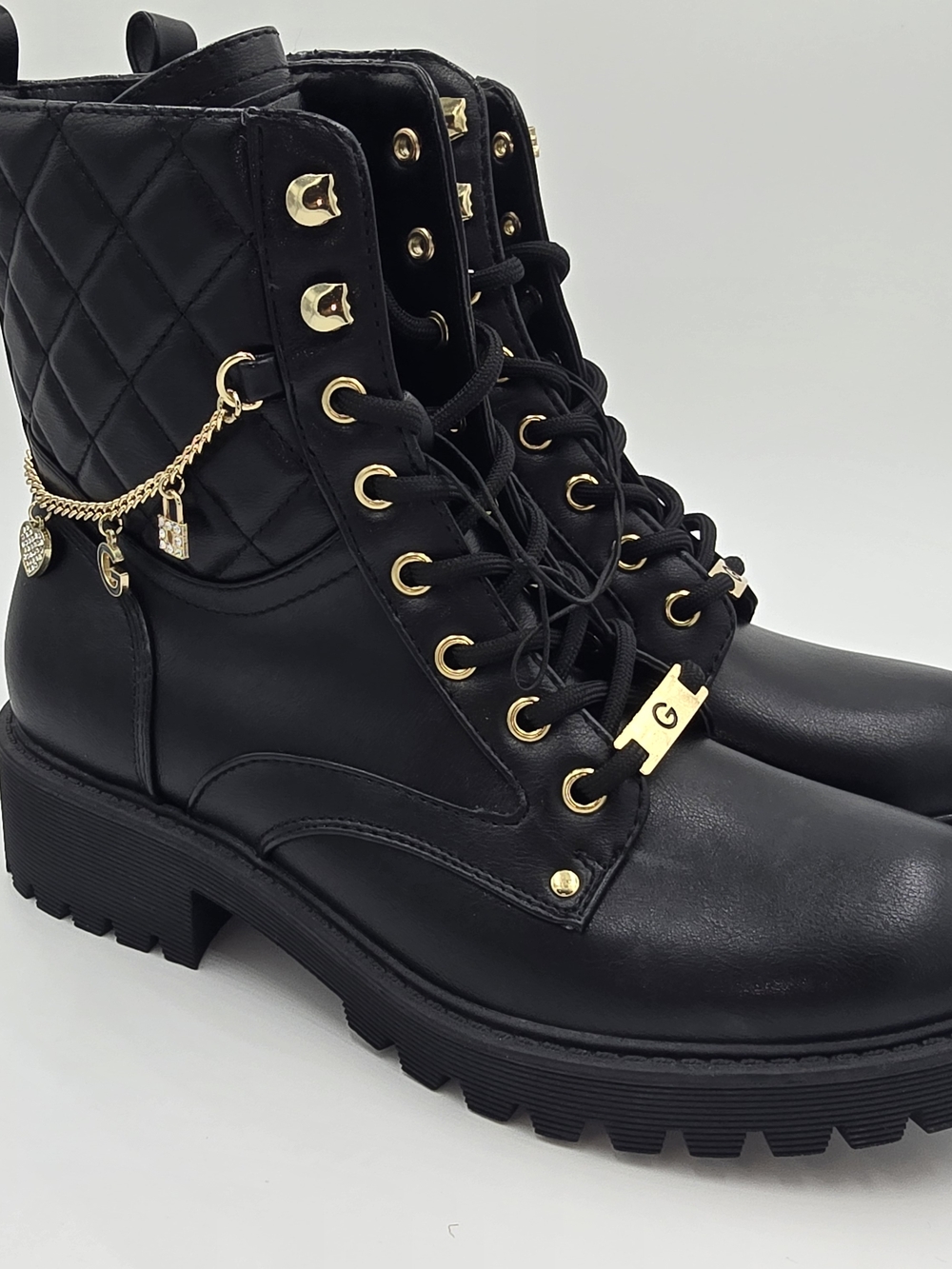 G by Guess Black Quilted Lace-Up Combat Boots with Gold Accents 8.0G by Guess Bl